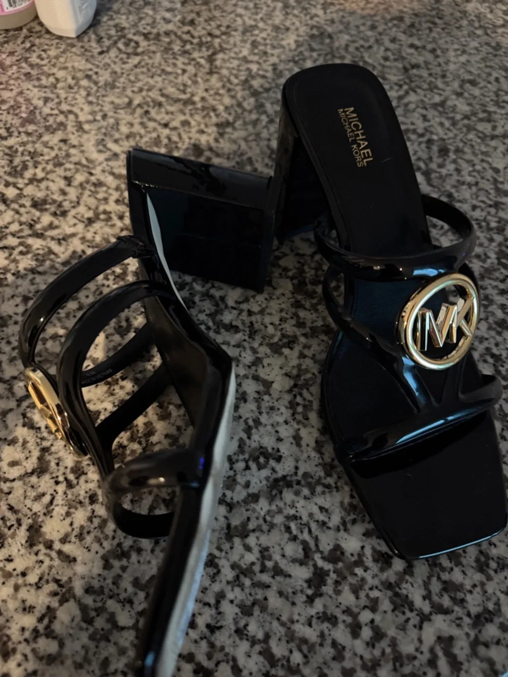 Michael Kors Black Patent Slide Mules with Gold MK Medallion - Picture 2 of 6